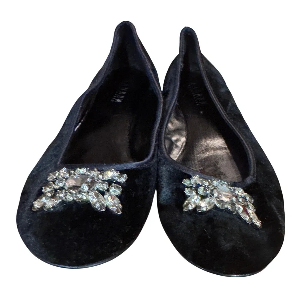 Lauren Ralph Lauren Black‎ Velvet Rhinestone Ballet Flats Shoes Women Size 9.5
